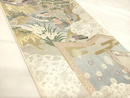 平和屋着物◎六通柄袋帯 唐織 日本屛風絵 山水四季花鳥図 伝雪舟 金銀糸 正絹 逸品 AABI5676yx