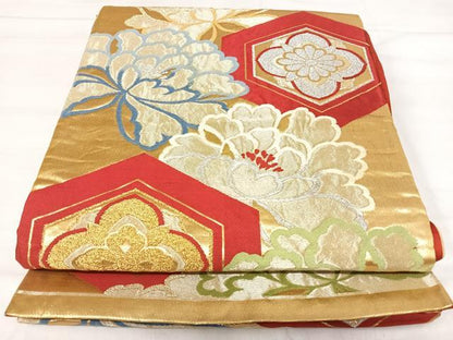 平和屋着物◎六通柄袋帯 亀甲花文 金銀糸 正絹 逸品 AABI5677yx