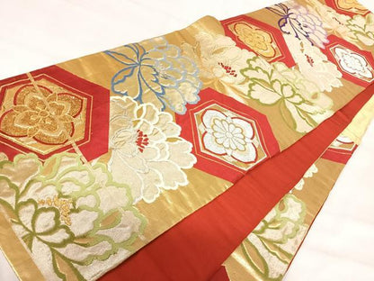 平和屋着物◎六通柄袋帯 亀甲花文 金銀糸 正絹 逸品 AABI5677yx