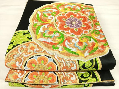 平和屋着物◎六通柄袋帯 唐織 花丸文 黒地 金銀糸 正絹 逸品 AABI5678yx