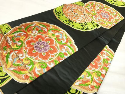 平和屋着物◎六通柄袋帯 唐織 花丸文 黒地 金銀糸 正絹 逸品 AABI5678yx