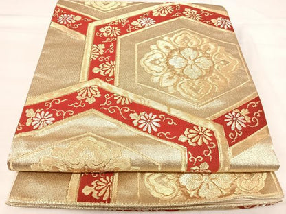 平和屋着物◎六通柄袋帯　亀甲花文　金糸　AABI5681yx