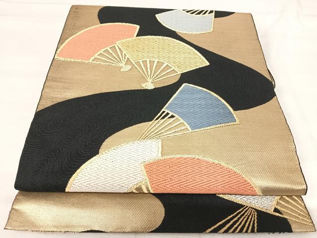平和屋着物◎六通柄　本袋帯　唐織　流水扇面文　黒地　金銀糸　正絹　逸品　AABI5683yx