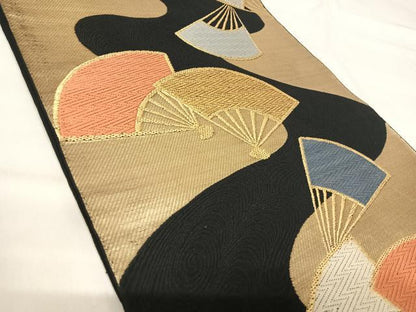 平和屋着物◎六通柄　本袋帯　唐織　流水扇面文　黒地　金銀糸　正絹　逸品　AABI5683yx