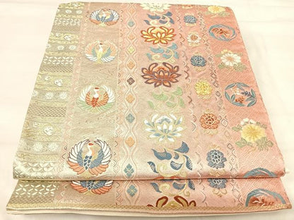平和屋着物◎六通柄袋帯　唐織　花鳥文　鶴　金糸　正絹　逸品　AABI5692yx