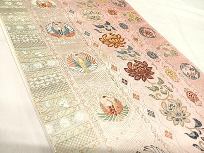平和屋着物◎六通柄袋帯　唐織　花鳥文　鶴　金糸　正絹　逸品　AABI5692yx