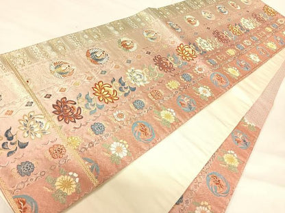 平和屋着物◎六通柄袋帯　唐織　花鳥文　鶴　金糸　正絹　逸品　AABI5692yx