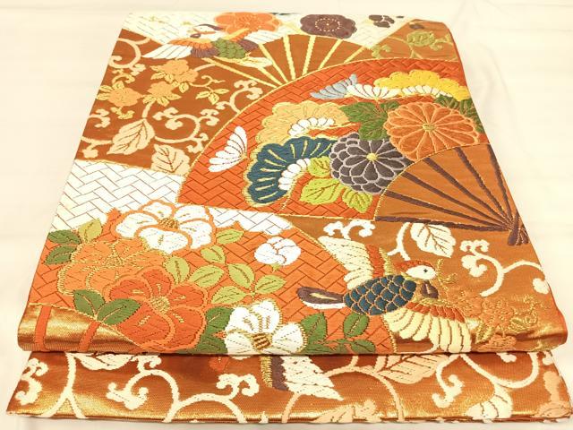 平和屋着物◎六通柄袋帯　唐織　扇面花鳥文　金糸　正絹　逸品　AABI5694yx