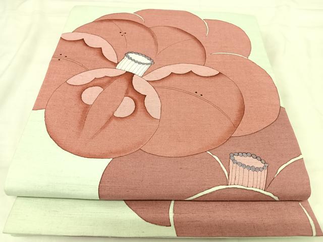 平和屋着物◎太鼓柄袋帯　紬地　手描き　椿　正絹　逸品　AABI5696yx