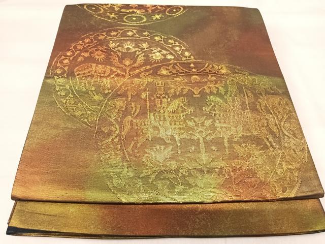 平和屋着物◎六通柄袋帯　向かい鳥花文　引箔　正絹　逸品　AABI5699yx