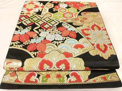 平和屋着物◎六通柄袋帯　唐織　地紙吉祥花文　黒地　金銀糸　正絹　逸品　AABI5709yx