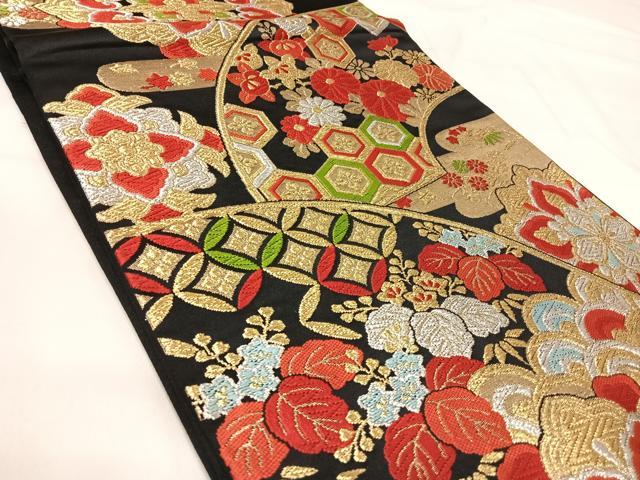 平和屋着物◎六通柄袋帯　唐織　地紙吉祥花文　黒地　金銀糸　正絹　逸品　AABI5709yx