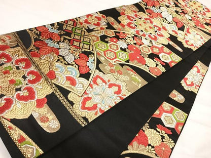 平和屋着物◎六通柄袋帯　唐織　地紙吉祥花文　黒地　金銀糸　正絹　逸品　AABI5709yx