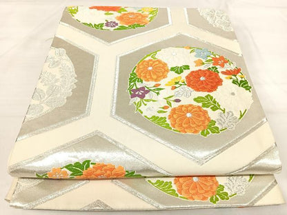 平和屋着物◎六通柄袋帯　唐織　花菱文　銀糸　正絹　逸品　AABI5723yx