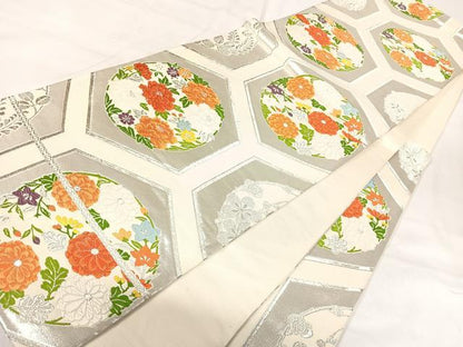 平和屋着物◎六通柄袋帯　唐織　花菱文　銀糸　正絹　逸品　AABI5723yx