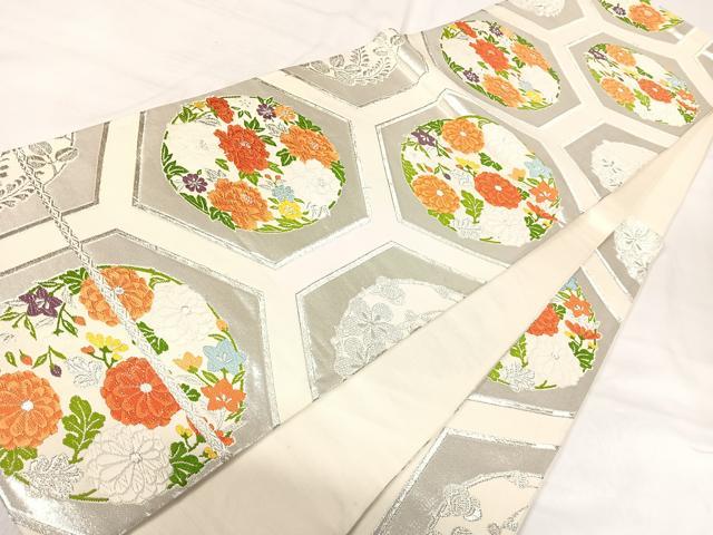 平和屋着物◎六通柄袋帯　唐織　花菱文　銀糸　正絹　逸品　AABI5723yx