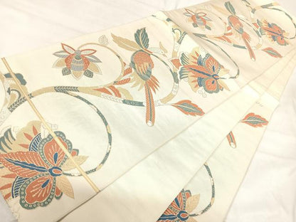 平和屋着物◎六通柄　本袋帯　更紗花鳥文　金糸　正絹　逸品　AABI5727yx