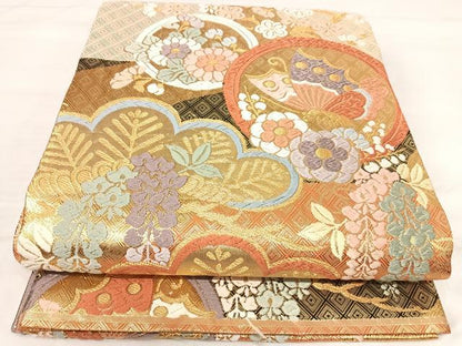 平和屋着物◎佐賀錦　六通柄袋帯　唐織　花蝶丸文　金糸　正絹　逸品　AABI5733yx