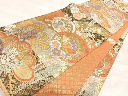 平和屋着物◎佐賀錦　六通柄袋帯　唐織　花蝶丸文　金糸　正絹　逸品　AABI5733yx