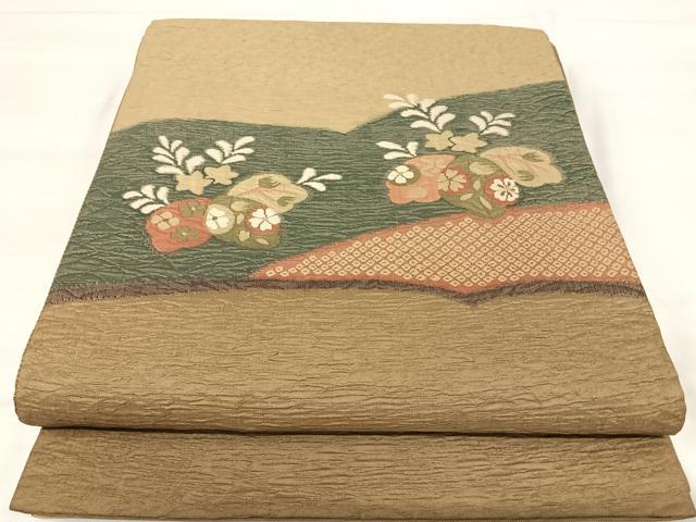 平和屋着物◎太鼓柄袋帯　ふくれ織　花桐文　正絹　逸品　AABI5734yx
