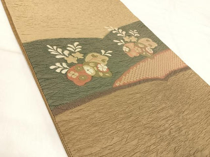 平和屋着物◎太鼓柄袋帯　ふくれ織　花桐文　正絹　逸品　AABI5734yx