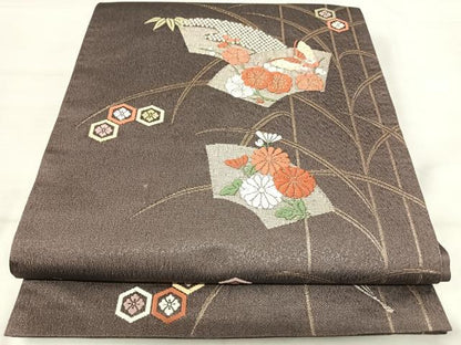 平和屋着物◎六通柄袋帯　唐織　扇面花文　金銀糸　正絹　逸品　AABI5735yx