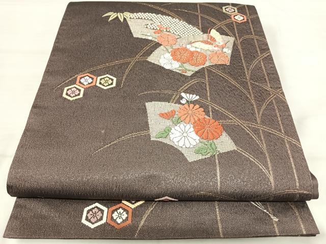 平和屋着物◎六通柄袋帯　唐織　扇面花文　金銀糸　正絹　逸品　AABI5735yx