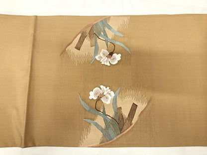 平和屋着物◎太鼓柄袋帯　すくい織　草花文　金糸　正絹　逸品　AABI5736yx