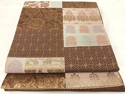 平和屋着物◎六通柄袋帯　市松花唐草文　金糸　正絹　逸品　AABI5737yx