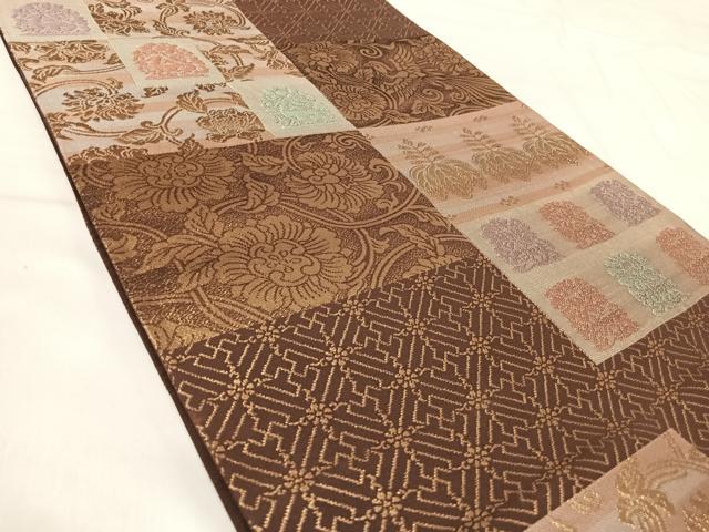 平和屋着物◎六通柄袋帯　市松花唐草文　金糸　正絹　逸品　AABI5737yx