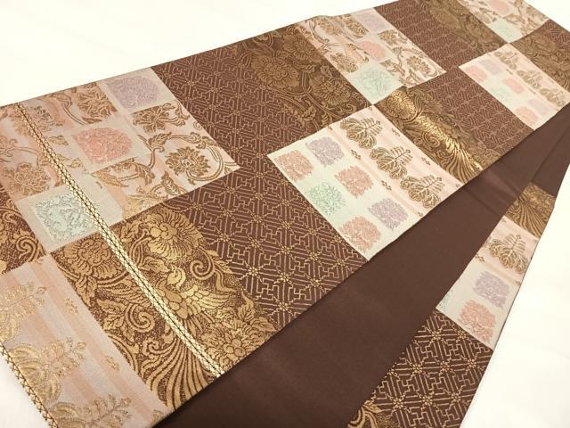 平和屋着物◎六通柄袋帯　市松花唐草文　金糸　正絹　逸品　AABI5737yx