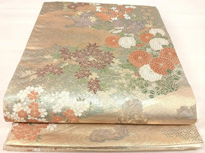 平和屋着物◎六通柄袋帯　雲重ね花文　金糸　正絹　逸品　AABI5739yx