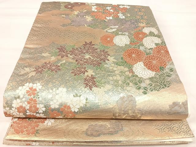 平和屋着物◎六通柄袋帯　雲重ね花文　金糸　正絹　逸品　AABI5739yx