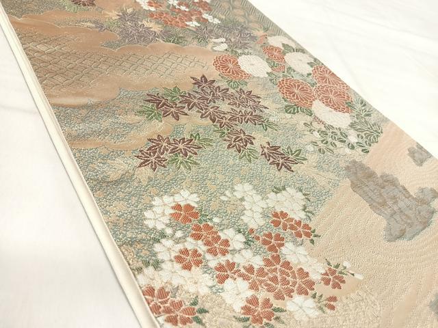 平和屋着物◎六通柄袋帯　雲重ね花文　金糸　正絹　逸品　AABI5739yx