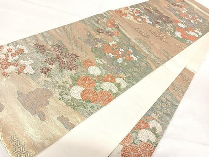 平和屋着物◎六通柄袋帯　雲重ね花文　金糸　正絹　逸品　AABI5739yx