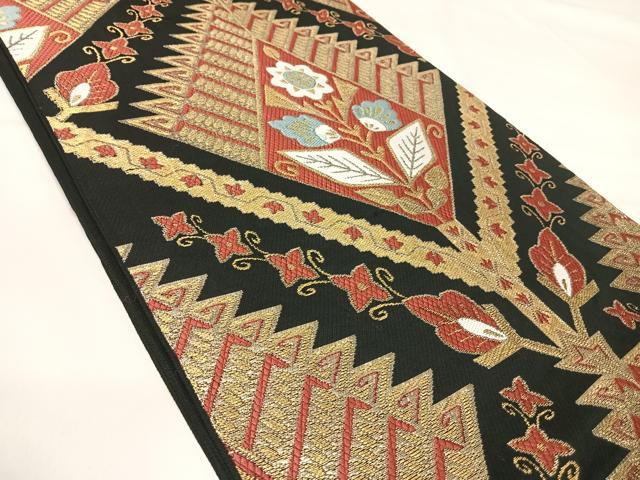 平和屋着物◎六通柄　本袋帯　唐織　幾何学花文　黒地　金糸　正絹　逸品　AABI5754yx