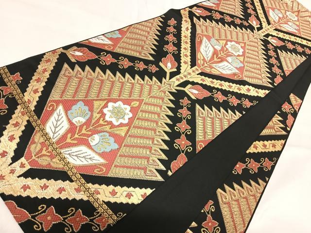 平和屋着物◎六通柄　本袋帯　唐織　幾何学花文　黒地　金糸　正絹　逸品　AABI5754yx