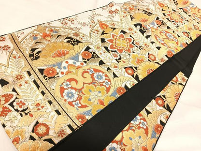 平和屋着物◎六通柄　本袋帯　更紗花文　黒地　金糸　正絹　逸品　AABI5758yx