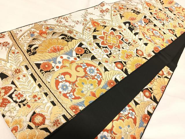 平和屋着物◎六通柄　本袋帯　更紗花文　黒地　金糸　正絹　逸品　AABI5758yx