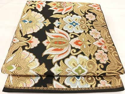 平和屋着物◎六通柄　本袋帯　唐織　更紗花文　黒地　金糸　正絹　逸品　AABI5760yx
