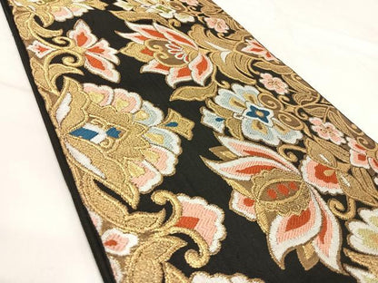 平和屋着物◎六通柄　本袋帯　唐織　更紗花文　黒地　金糸　正絹　逸品　AABI5760yx