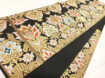 平和屋着物◎六通柄　本袋帯　唐織　更紗花文　黒地　金糸　正絹　逸品　AABI5760yx