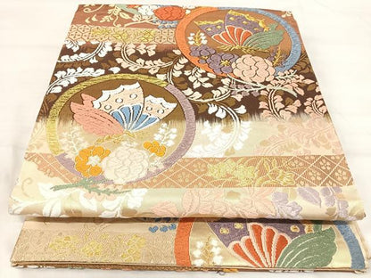 平和屋着物◎六通柄袋帯　唐織　花蝶丸文　金糸　正絹　逸品　AABI5761yx