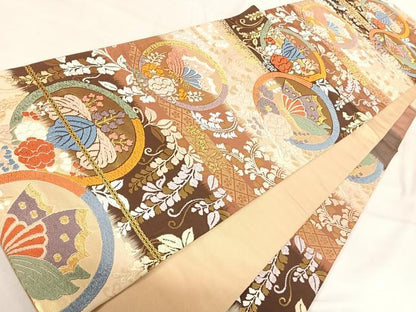 平和屋着物◎六通柄袋帯　唐織　花蝶丸文　金糸　正絹　逸品　AABI5761yx