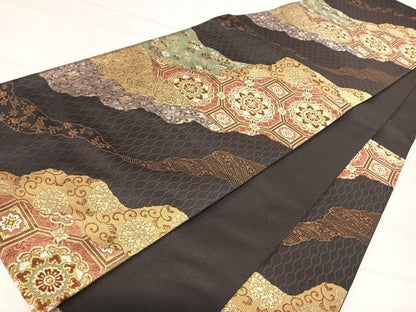 平和屋着物◎六通柄袋帯　唐織　道長花文　金糸　正絹　逸品　AABI5765yx