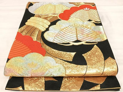 平和屋着物◎六通柄袋帯　唐織　束ね熨斗松文　黒地　金銀糸　正絹　逸品　AABI5766yx