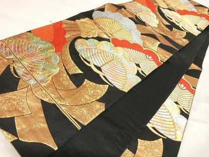 平和屋着物◎六通柄袋帯　唐織　束ね熨斗松文　黒地　金銀糸　正絹　逸品　AABI5766yx