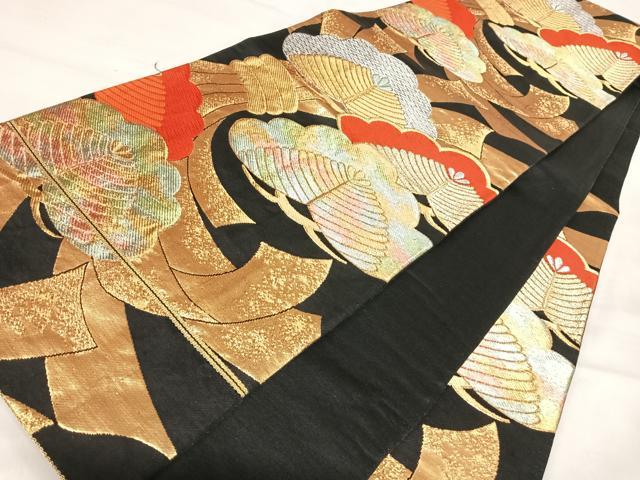 平和屋着物◎六通柄袋帯　唐織　束ね熨斗松文　黒地　金銀糸　正絹　逸品　AABI5766yx