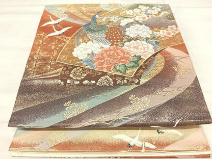 平和屋着物◎六通柄袋帯　唐織　九百錦　流水扇寿花鳥文　金銀糸　正絹　逸品　AABI5767yx