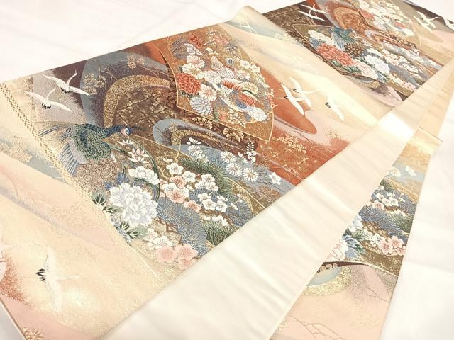 平和屋着物◎六通柄袋帯　唐織　九百錦　流水扇寿花鳥文　金銀糸　正絹　逸品　AABI5767yx